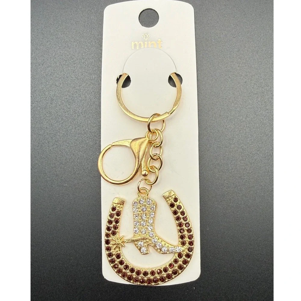 Gold Tone Horseshoe Cowboy Boot Keychain Rhinestone‎ Bling Lucky Charm